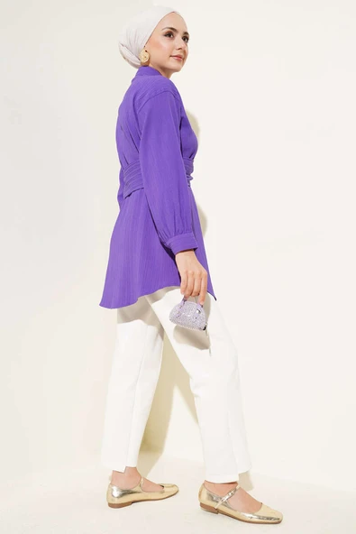 Kendinden Bel Kuşaklı Gömlek Menekşe - Resim 3