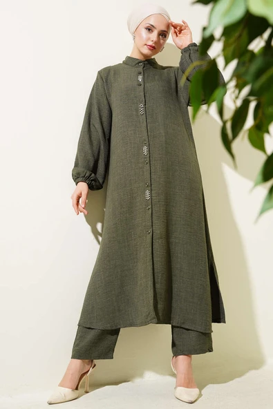 Taş Süslemeli Uzun Tunikli İkili Takım Haki ürün görseli 1