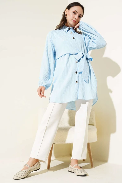 Yan Bağlamalı Kabartma Çizgili Gömlek Mavi - Resim 2