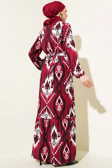 Desenli Kuşaklı Volanlı Elbise Bordo - Resim 3