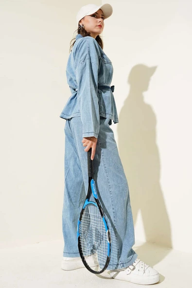 Cep Kapaklı Düğmeli Kuşaklı Kot İkili Takım Kot Mavisi - Resim 3