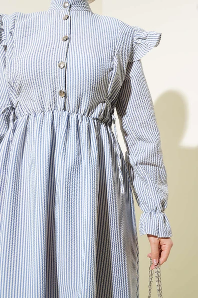 Omuz Fırfırlı Bel Lastikli Gofre Elbise Mavi - Resim 4