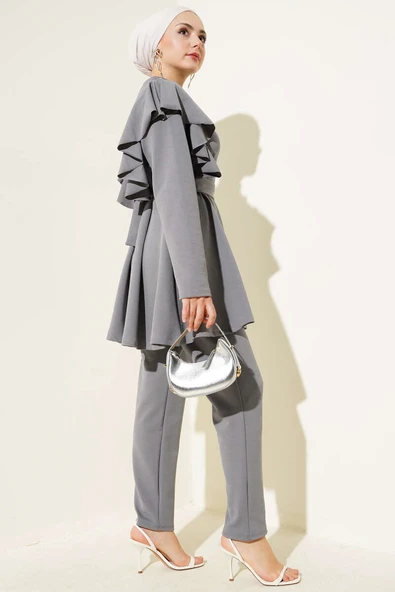 Omuz Fırfırlı Kuşaklı Tunik İkili Takım Gri - Resim 3