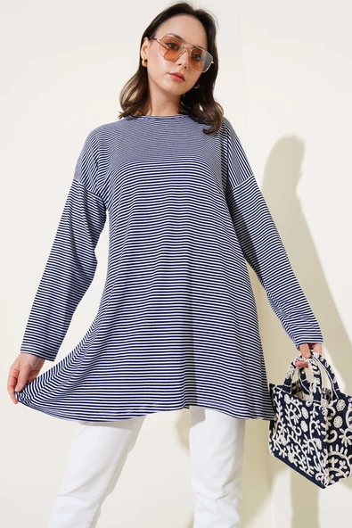 Çizgili Penye Tunik Lacivert ürün görseli