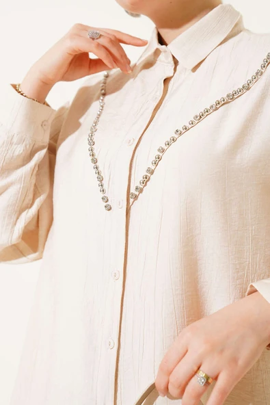 V Taşlı Gömlek Bej - Resim 4