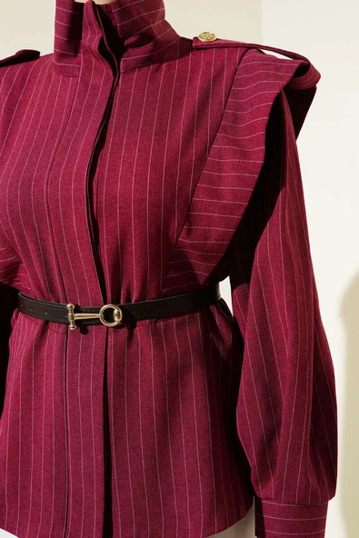 Çizgili Omuz Apoletli Kemerli Ceket Bordo - Resim 4