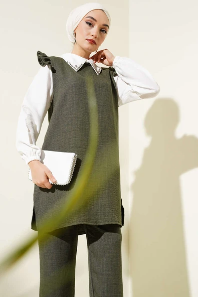 Yaka Taşlı Gömlek Garnili İkili Takım Haki - Resim 2