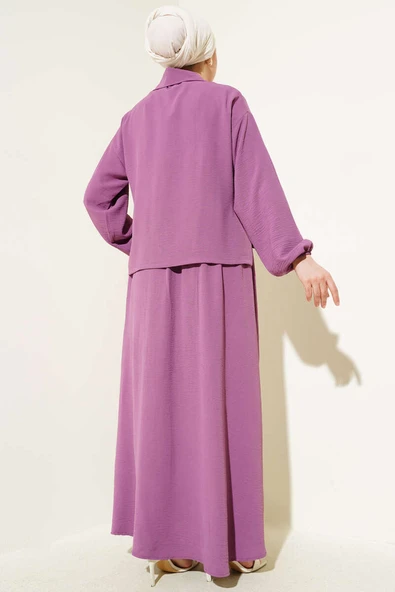 Düğme Detaylı Fermuarlı Ayrobin Jile İkili Takım Magenta - Resim 3