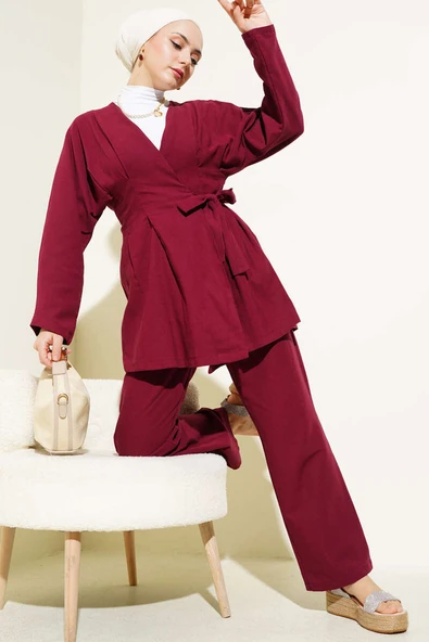 Pensli Bağlamalı Keten İkili Takım Bordo ürün görseli 1