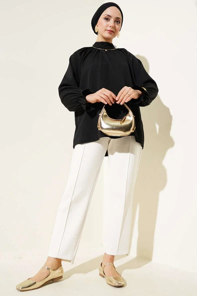 Bilek Lastikli Yaka Pileli Tunik Siyah - Resim 2