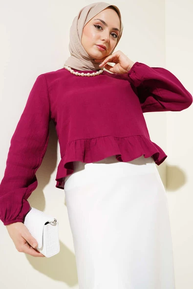 Fırfırlı Keten Bluz Vişne ürün görseli