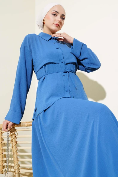 Parça Detaylı Kuşaklı Etekli Ayrobin Takım İndigo - Resim 2