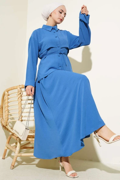 Parça Detaylı Kuşaklı Etekli Ayrobin Takım İndigo ürün görseli 1