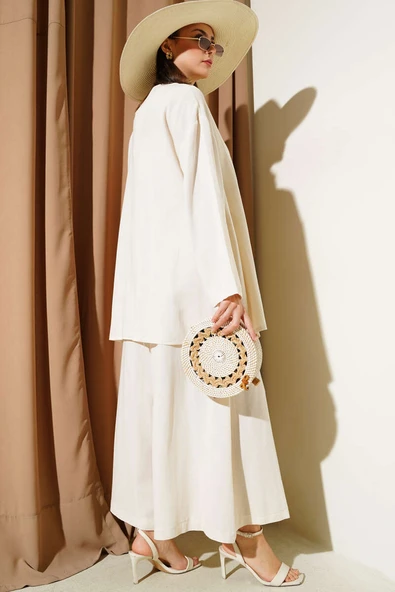 Yanı İp Bağcıklı Salaş İkili Takım Bej - Resim 3