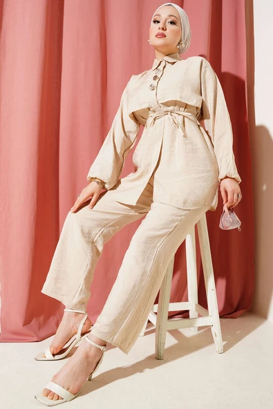 Bolerolu Gold Düğmeli İkili Takım Bej ürün görseli 1