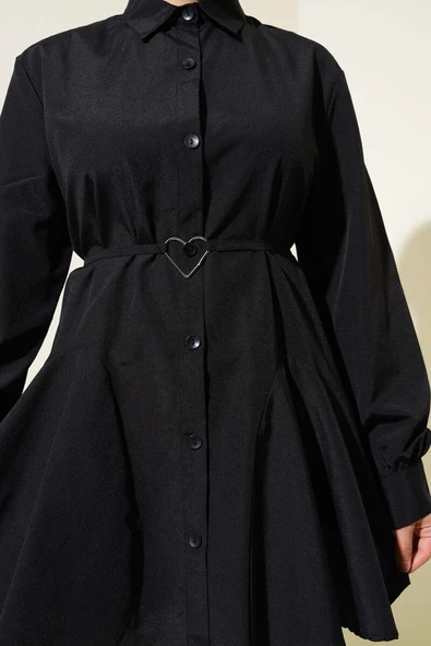 Kalp Tokalı Kuşaklı Gömlek Siyah - Resim 4