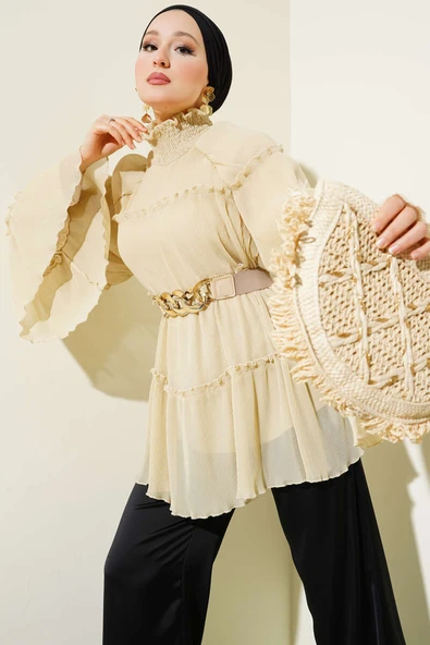 Pliseli Kat Kat Salaş Tunik Bej ürün görseli