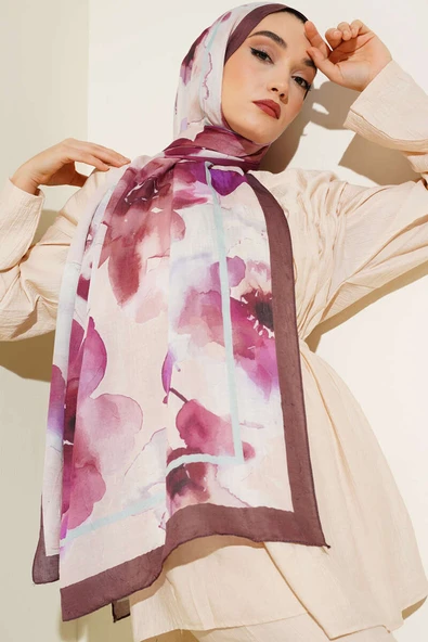 Çiçek Desenli Bambu Şal Acı Kahve - Resim 2