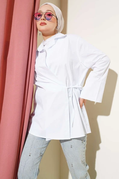 Yanı İp Bağlamalı Kimono Beyaz