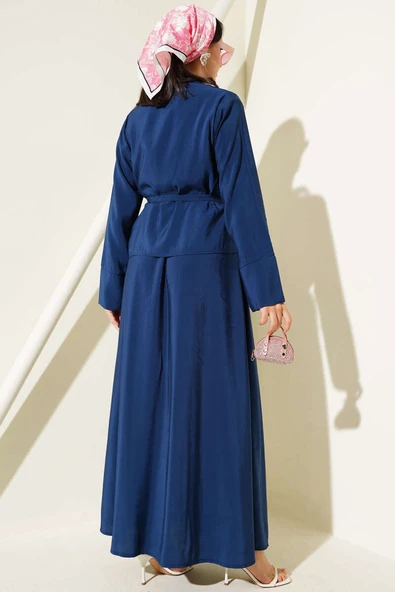 Düğmeli Kuşaklı Jile İkili Takım Lacivert - Resim 3