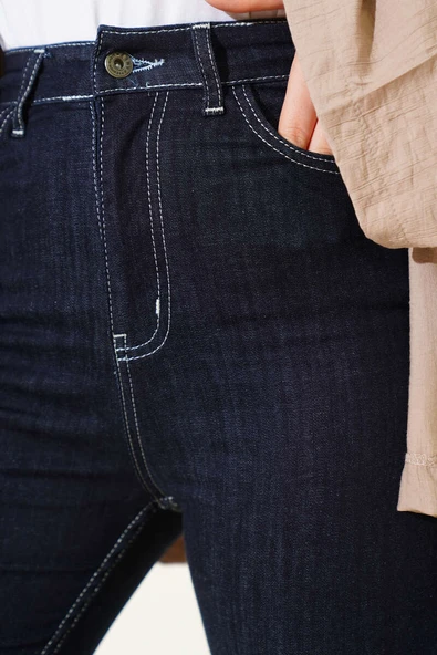 Dikişli İspanyol Paça Kot Pantolon Lacivert - Resim 4