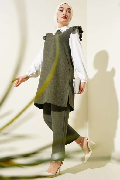 Yaka Taşlı Gömlek Garnili İkili Takım Haki ürün görseli 1