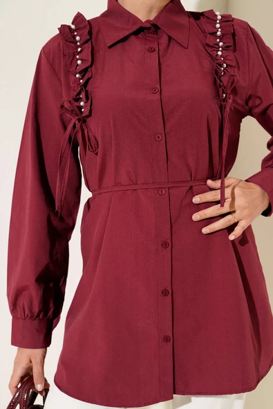 Omuz Fırfırlı İncili Gömlek Bordo - Resim 4