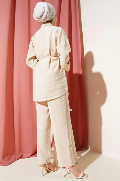 Bolerolu Gold Düğmeli İkili Takım Bej - Resim 3