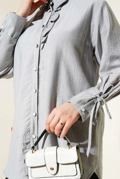 Fırfırlı Bilek Bağcıklı Gömlek Gri - Resim 4