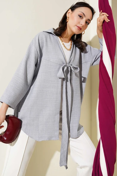 Önden Bağlamalı Kimono Gri ürün görseli 1