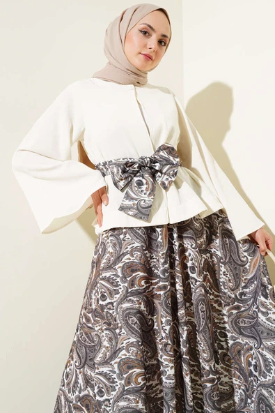 Etnik Desenli Kuşaklı Etekli İkili Takım Füme - Resim 2