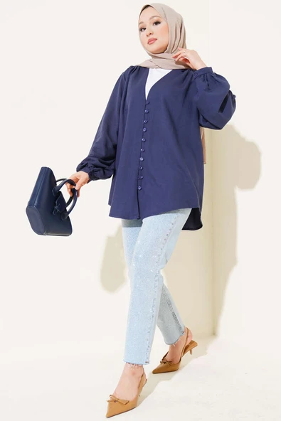 Brit Düğmeli Gömlek Lacivert - Resim 2
