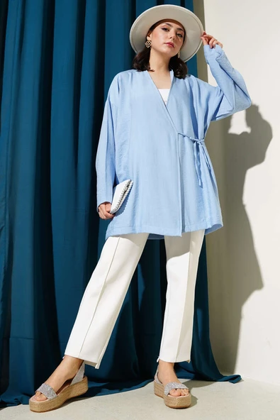 Yandan Çift İp Bağlamalı Kimono Mavi - Resim 2