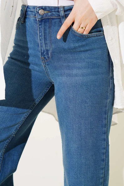 Yüksek Bel Palazzo Kot Pantolon Tintli - Resim 4