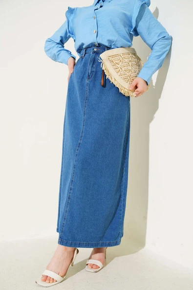 Bel Düğmeli Cepli Kot Etek Kot Mavisi ürün görseli 1