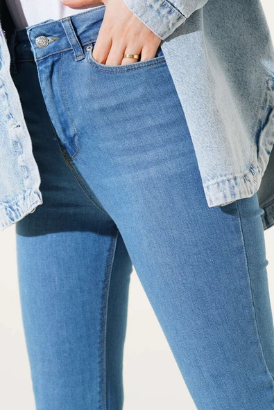 Yüksel Bel İspanyol Paça Pantolon Açık Mavi - Resim 4