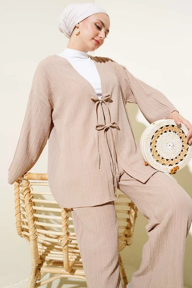 Önü İp Bağcıklı Krinkıl İkili Takım Latte - Resim 2