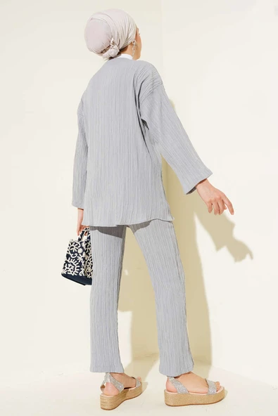 Önü İp Bağcıklı Krinkıl İkili Takım Gri - Resim 3