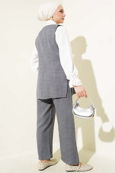 Taş Süslemeli Yan Bağlamalı Üçlü Takım Füme - Resim 3