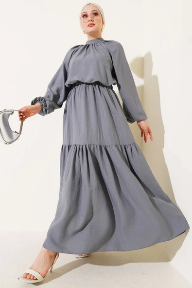 Yakası Büzgülü Etekli İkili Takım Gri ürün görseli 1