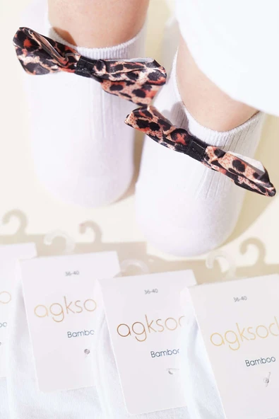 Bayan 6lı Leopar Kurdaleli Konç Çorap Beyaz - Resim 2