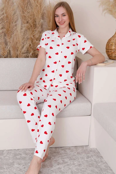 Gömlek Yaka Kalpli Kısa Kol Pijama Takımı Beyaz ürün görseli 1