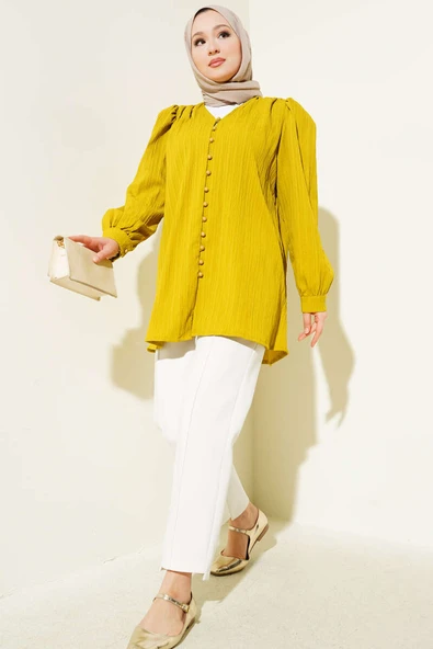 Brit Düğmeli Krinkıl Gömlek Yağ Yeşili - Resim 2