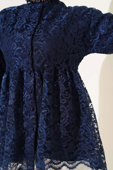 Brodeli Önü Düğmeli Gömlek Lacivert - Resim 4