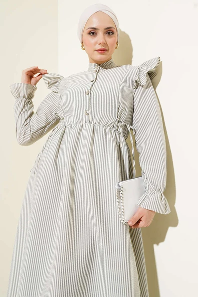 Omuz Fırfırlı Bel Lastikli Gofre Elbise Füme - Resim 2