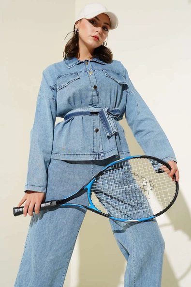 Cep Kapaklı Düğmeli Kuşaklı Kot İkili Takım Kot Mavisi - Resim 2