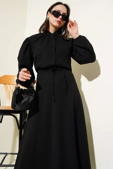 İp Kuşaklı Düğmeli Etekli İkili Takım Siyah - Resim 2