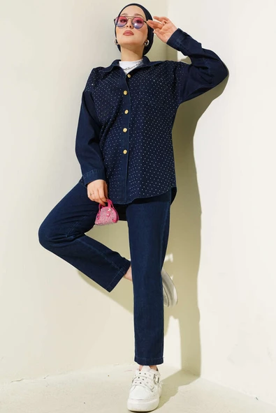 Önü Taşlı Gold Düğmeli Kot İkili Takım Lacivert ürün görseli 1