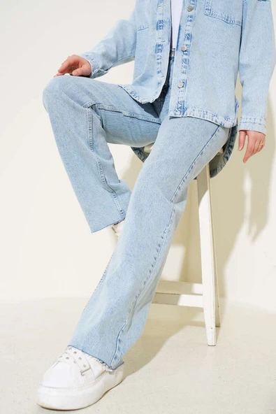 Paçası Püsküllü Palazzo Kot Pantolon Kar Açık ürün görseli 1