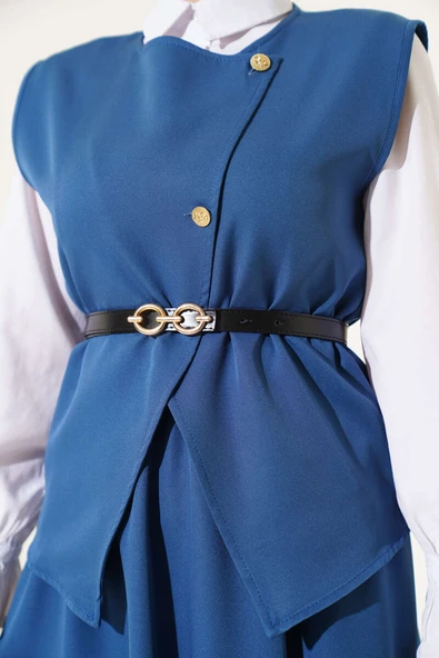 Çapraz Gold Düğmeli Etekli İkili Takım İndigo - Resim 4